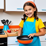 **

A cheerful young girl, fully clothed in a modest, colorful dress and apron, is joyfully pretending to cook in a cartoon-themed play kitchen (e.g., "Fixies" themed). The kitchen is brightly colored and includes toy pots, pans, and utensils. Background features a cozy, family-friendly living room. Perfect anatomy, correct proportions, natural pose, well-formed hands, proper finger count, professional photography, high quality, safe for work, appropriate content.

**