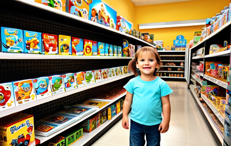 Busy Toy Store Aisle**

"A brightly lit toy store aisle filled with various toys and playsets. A child, fully clothed in jeans and a t-shirt, is excitedly looking at a large, colorful toy kitchen set. Background features shelves stocked with board games, stuffed animals, and building blocks. Safe for work, appropriate content, family-friendly, professional photography, perfect anatomy, natural proportions, fully clothed."

**